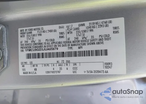 2018 Ford Escape Se из США, поврежденный, VIN 1FMCU9GD3JUA65879